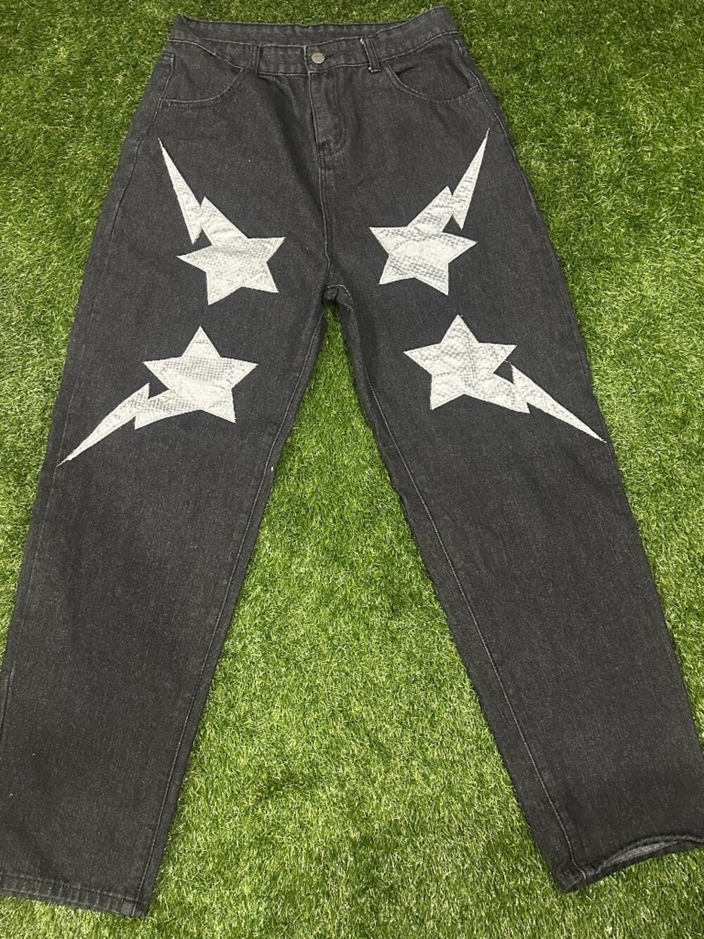 Made Extreme Black Lightning Star Graphic Jeans Y2K Streetwear Size L